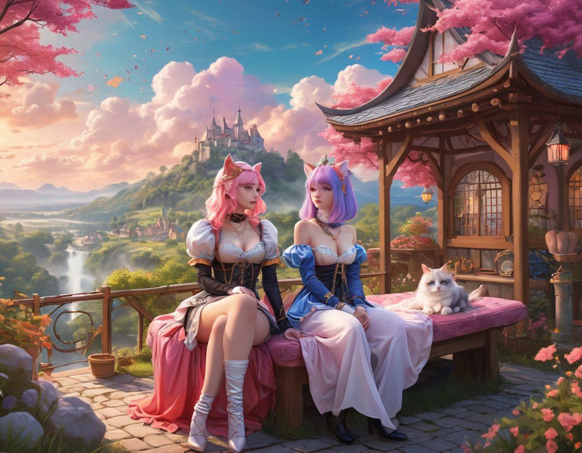 A colorful anime-style illustration depicting diverse characters enjoying various kinks and fetishes in a vibrant, fantastical setting. Include elements like a playful catgirl, a confident dominatrix, and a couple in cozy medieval attire, all surrounded by whimsical props like chains, masks, and oversized plushies. The background features a dreamy landscape with pastel colors and subtle hints of a fantasy world. anime art. vibrant colors. whimsical style.