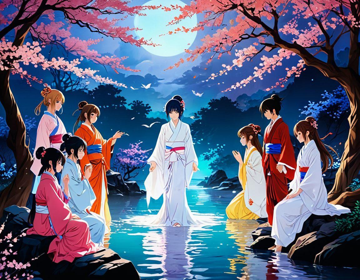 A captivating illustration featuring a diverse group of characters from various anime styles, showcasing sensual poses and vibrant colors. The background should include elements of an ethereal fantasy setting, blending traditional Japanese art with modern motifs. The characters should embody different emotions and styles, reflecting the allure and complexity of adult entertainment themes. Incorporate subtle hints of eroticism while maintaining artistic elegance. super-realistic. vibrant colors. fantasy background.